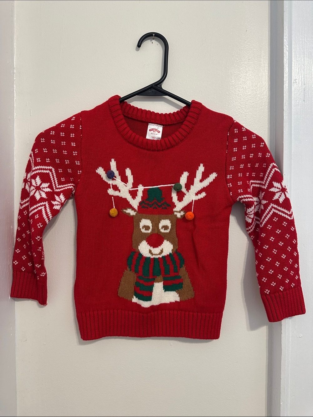 Holiday Time Red Kids Reindeer Sweater with Pom Poms